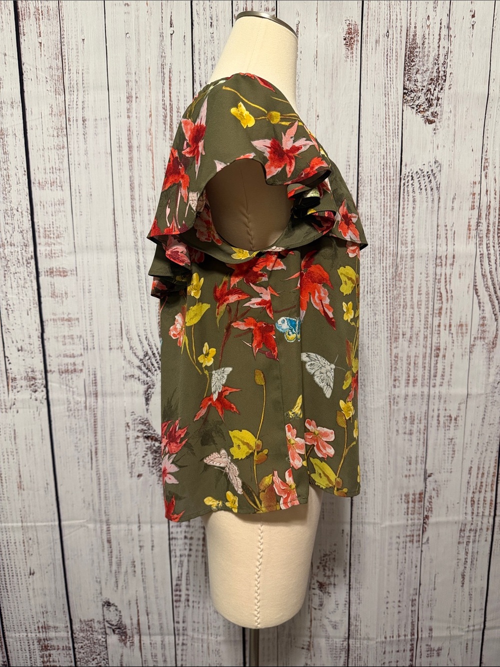 Maeve by Anthropologie Olive Cold-Shoulder Floral & Butterfly Ruffle Top - Picture 2 of 7